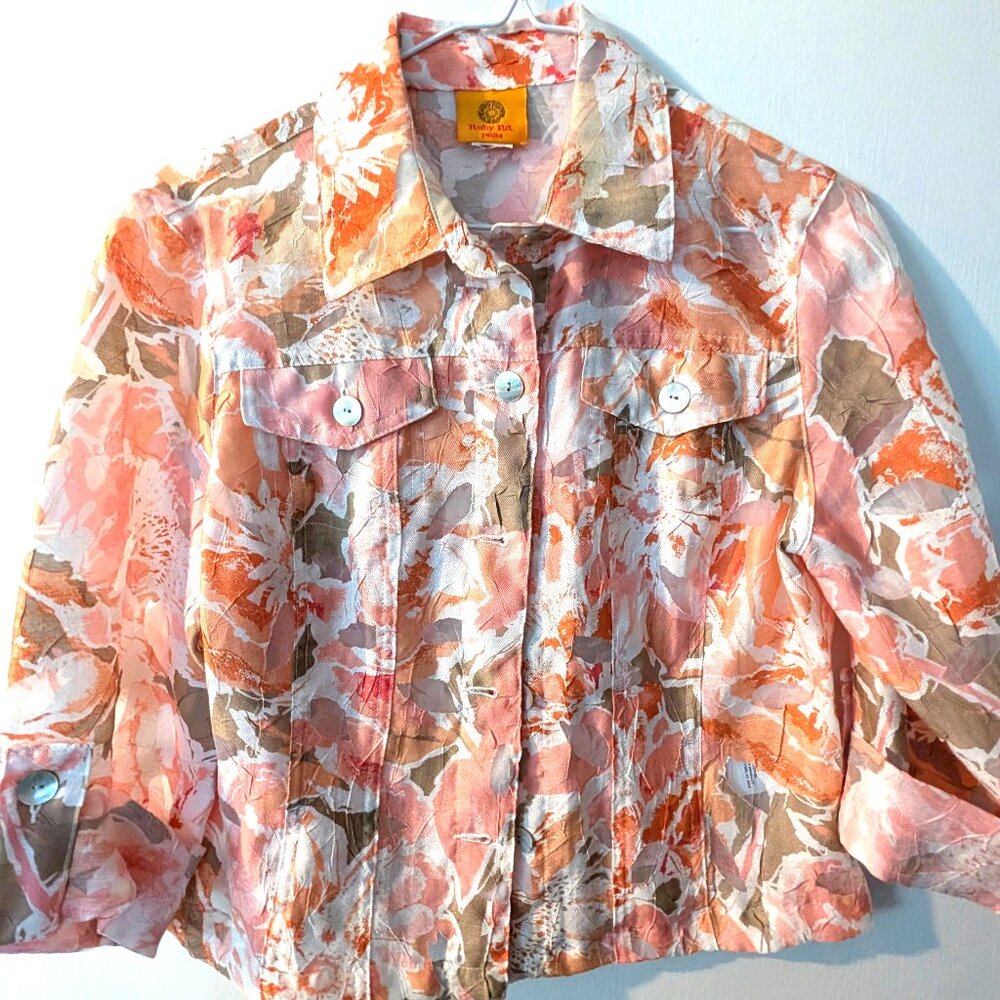 Ruby Rd Top/Jacket Peach Floral Button Down w/roll up sleeves